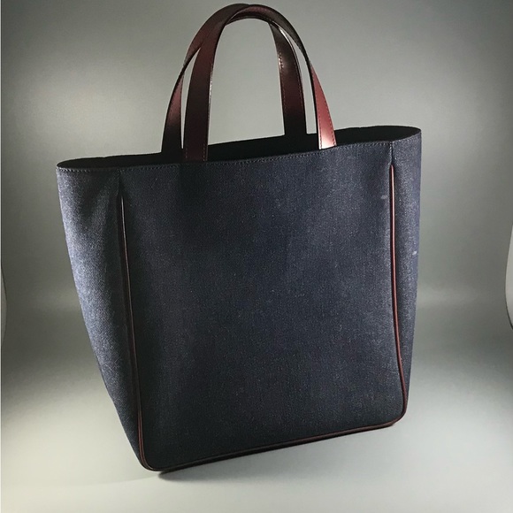 RARE Vintage Burberry Embroidered with Red Leather Trim Handbag Blue Denim Tote - Picture 3 of 16